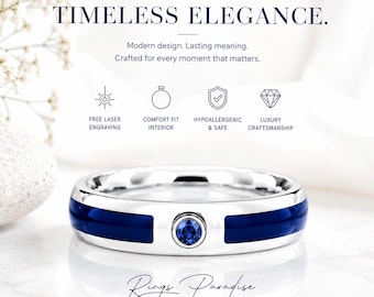 Silver Tungsten Ring | Blue Agate and Ruby Stone | Comfort Fit Men's Wedding Band | 6mm