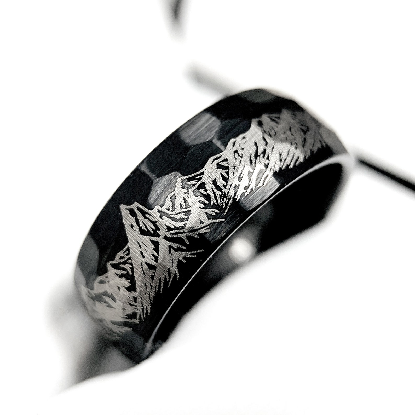 Mens Promise Ring Mountains Pattern Engraved Black Tungsten Etsy