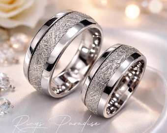 Tungsten Wedding Bands Meteorite Ring Set | His Hers Wedding Rings 8mm Comfort Fit Couple Rings