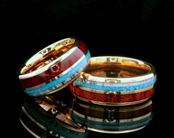 Rose Gold Tungsten Ring | Mens Ring | Wedding Ring for Women | Koa Wood | Deer Antler |Turquoise inlay | Comfort Fit| Unisex | Durable| 8mm