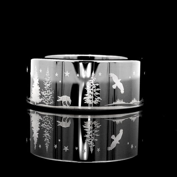 Tungsten Carbide Raven & Branches Wedding Band - 8mm Wide, Scratch Proof, Size 10