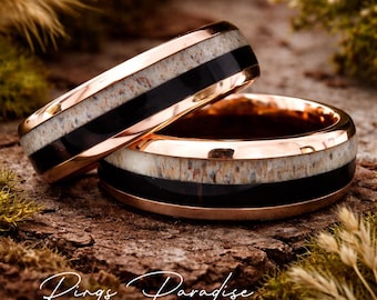 Rose Gold Tungsten Ring with Wood & Antler | His and Her - (8mm), Unisex