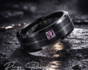 Anillo de boda de tungsteno negro para hombre con piedra preciosa cuadrada de 8 mm