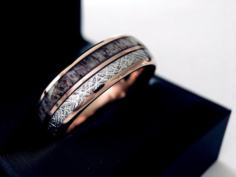 Antler and Wood Wedding Band Mens and Women Wedding Bands Rose Gold Tungsten Wedding Bands Mens Tungsten Ring Rings Mens Tungsten Band