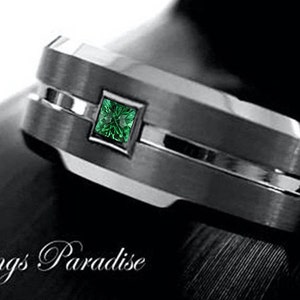 Men&#39;s Tungsten Carbide Square Emerald Wedding Band | Gunmetal Mens Engagement Ring | Genuine Emerald Stone Ring | Groom Ring | Mens Ring