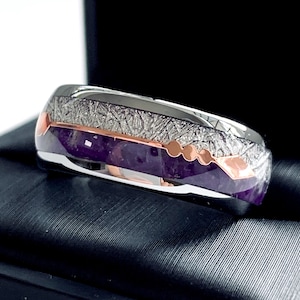 Anillo de meteorito y ágata morada | Anillo de bodas de tungsteno | Anillo de promesa para él y para ella | Anillo de compromiso celestial | Regalo para esposo y esposa