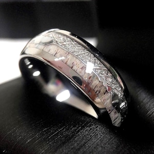 Tungsten Wedding Band with Meteorite & Antler Inlay | Arrow Ring | His and Hers Ring | Unique Men’s and Women’s Ring | Promise Rings | 8mm
