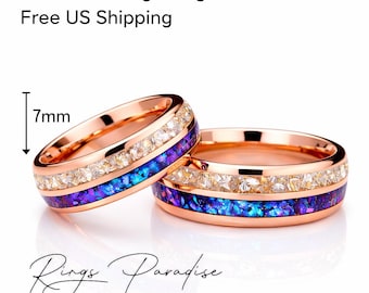 Rose Gold Tungsten Wedding Rings: Nebula German Crystals, Celestial Galaxy Set - 7mm