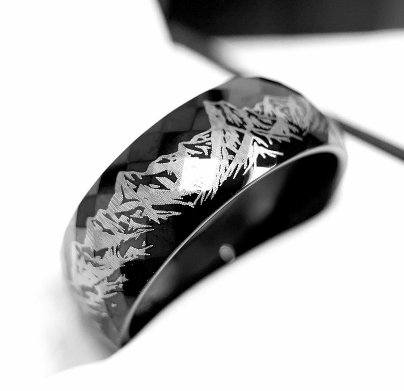 Custom Engraved Mens and Women Ring Engagement Ring High Polished Hammered Black Tungsten Carbide Ring His Promise Ring Mountains Ring