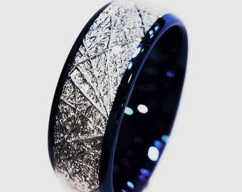 Blue Meteorite Tungsten Ring | Galaxy Wedding Band | Cosmic Ring | Celestial Engagement Ring | Astronomy Gift for Men & Women | Promise Ring