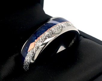 Mens Wedding Bands Blue Agate Meteorite Inlay, Rose Gold, Arrow Inlay Engagement Ring Bestseller, Tungsten Ring for Women, His and Hers