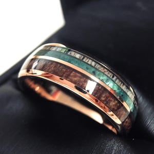 Men’s Wedding Band | Wood & Antler Inlay Rose Gold Tungsten Ring | His and Hers Engagement Ring | Rustic Wedding Bands for Men and Women