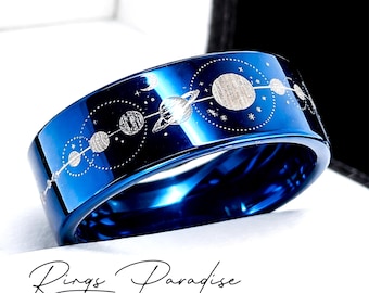 Universe Tungsten Ring Planets Moon Stars Engraved Blue 8mm