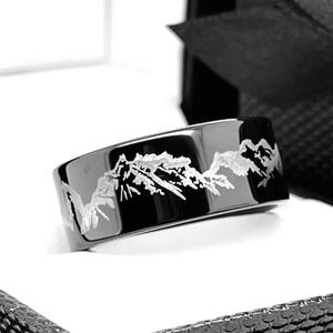 Mountain Range Ring | Black Tungsten Wedding Band | Men’s & Women’s Nature Ring | Comfort Fit | 6mm 8mm 10mm 12mm | Personalized Gift