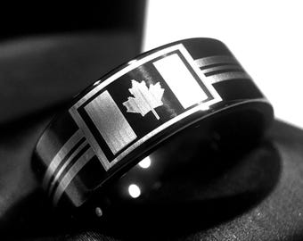 Canadian Flag Tungsten Ring | Maple Leaf Engraved Band | Men’s & Women’s Wedding Ring - 6mm,8mm