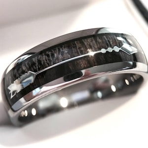 Antler & Wood Inlay Tungsten Ring | Silver Arrow Insert | 8mm Wedding Band for Men and Women | Nature Ring | Comfort Fit | Engagement Ring