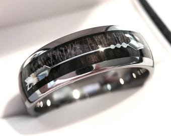 Antler & Wood Inlay Tungsten Ring | Silver Arrow Insert | 8mm Wedding Band for Men and Women | Nature Ring | Comfort Fit | Engagement Ring