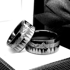 Wedding Bands Set Couples Rings featuring Fir Trees, Forest Mountain Range Landscape Engraving, His and Hers Unique Gifts | Nature Ring