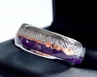 Anillo unisex de ágata morada y tungsteno con meteorito e incrustación de flecha (8 mm)