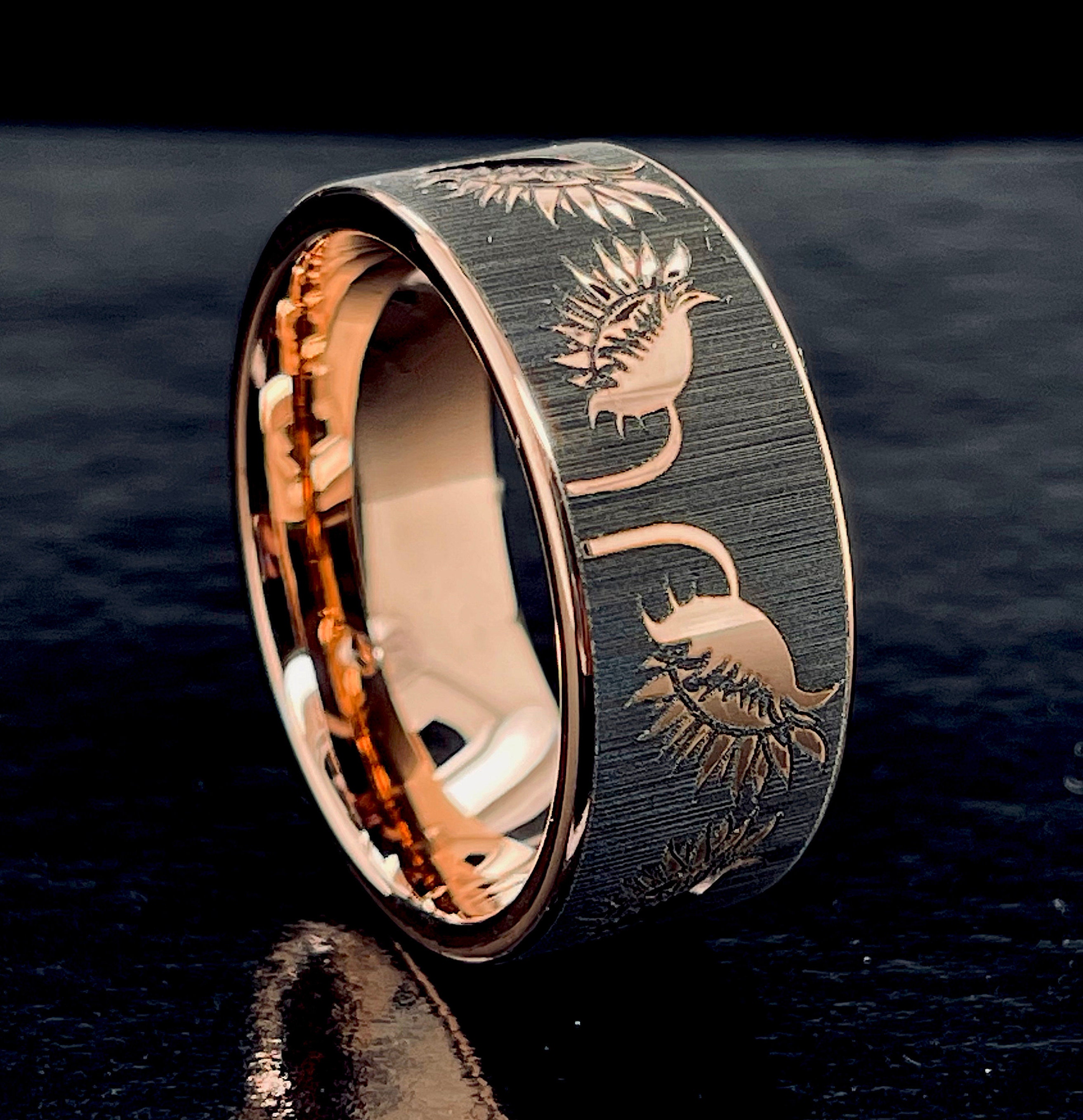 Rose Gold Tungsten Ring With Sunflower Engraving, Floral