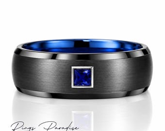 Square Sapphire Men’s Wedding Band — Black & Blue Tungsten Ring (8mm, Comfort Fit)