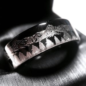 Black Tungsten Nature Ring, His and Hers Gift, Wedding Band, Fir Forest & Mountains Engraved Ring, Anniversary Gift, Mens Wedding Band, 8mm