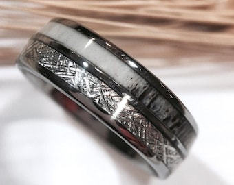 Antler and Meteorite Inlay Tungsten Carbide Ring | 8mm Polished Comfort Fit Band | Wedding Ring for Women and Men | Anniversary Gift