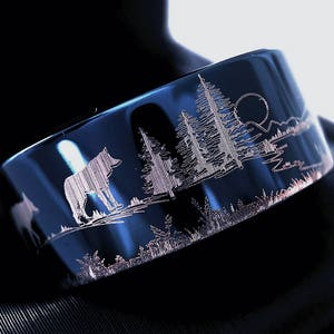 His and Hers Wolves in Forest Engraved Tungsten Wedding Band | Blue Tungsten Ring | Nature-Inspired | Fox & Hedgehog Animal Promise Ring