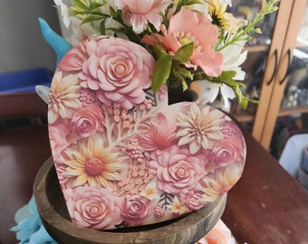 Wood Heart Decor, 3D flower Decor, Friend Gift for Women, 3D floral Decor, Spring tiered tray decor, Chunky Wood Hearts, Spring Flower Decor