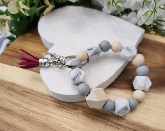 Silicone Beaded Bangle Keychain, Wristlet Key Ring with Tassel
