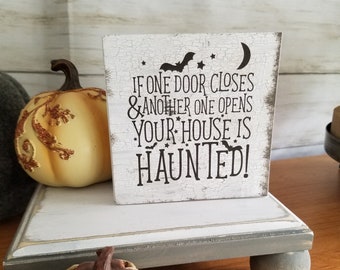Farmhouse Halloween Sign, Haunted House Tiered Tray Decor