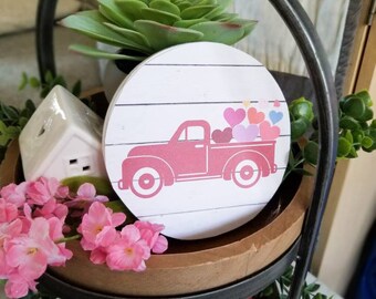 Valentine red truck sign,  Tiered tray valentines day decor, Tiered tray decor Valentines signs, Valentines coffee bar accessories