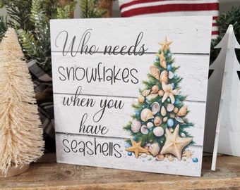 Beachy Christmas Sign: Seashell Tree, Coastal Tiered Tray Decor