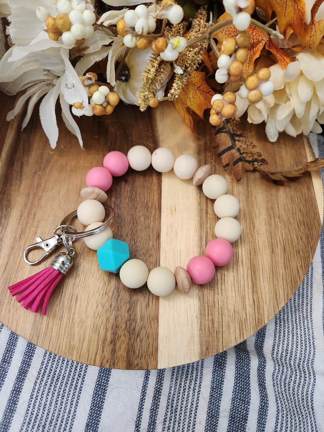 Pink Silicone Beaded Bangle Key Ring: Wristlet Keychain - Etsy