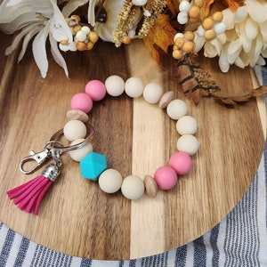 Pink Silicone Beaded Key Chain, Bangle Key Ring, Beaded Keychain Wristlet, Silicone Keychain Wristlet Keychain, Silicone Bangle Key Ring