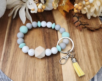 Silicone Beaded Bangle Keychain Wristlet with Tassel