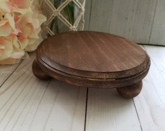 Hand Painted Wood Pedestal Tray, Rustic Farmhouse Riser, 7 inch