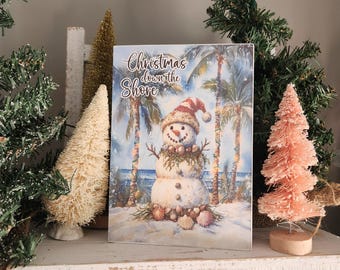 Christmas Beach Snowman Sign, Beachy Christmas Decor, Seashells