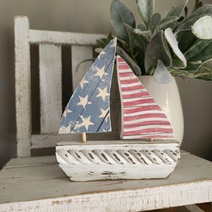 Sailboat decor, sailboat tiered tray summer decor, Nautical Decor, 4th of July decor, Patriotic Decor, Patriotic Sailboat
