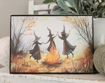 Dancing Witches Watercolor Sign, Halloween Tiered Tray Decor