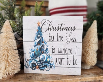 Beachy Christmas Tree Sign: Coastal Tiered Tray Decor