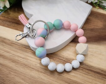 Silicone Beaded Bangle Keychain, Pastel Tassel Wristlet Key Ring