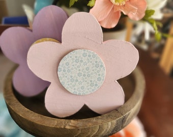 Handmade Pastel Pink Wood Daisy, Spring Tiered Tray Decor