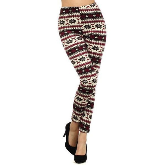 Items similar to Burgandy, White, Black Snowflake Print Leggings on Etsy