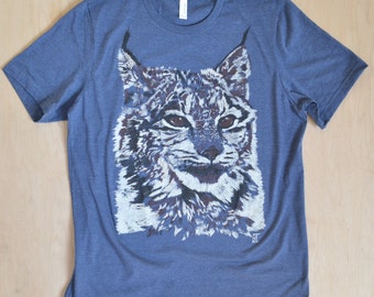 Jeri's Lynx - Navy/Amazonite HAND DRAWN Screen Print T-Shirt
