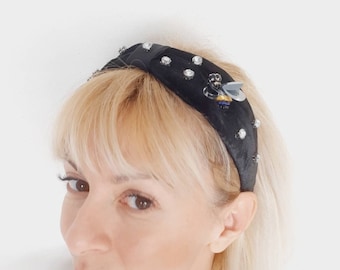 Black velvet headband,women's headband,women's head piece,hair accessorie,gemstone headband,luxury headband,luxury head piece,beads headband