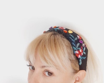 Floral headband,black embroidered headband,women's headband,embroidered head piece,boho headband,women's hair accessorie,beaded headband