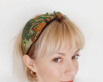 Satin green headband,women's headband,women's hair accessorie,beaded headband,boho headband,luxury headband,satin head piece,hair accessorie
