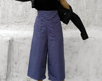 High waisted Blue Women's Cropped Pants-women's pants-cullotes-high waisted pants-fashion pants-cotton pants