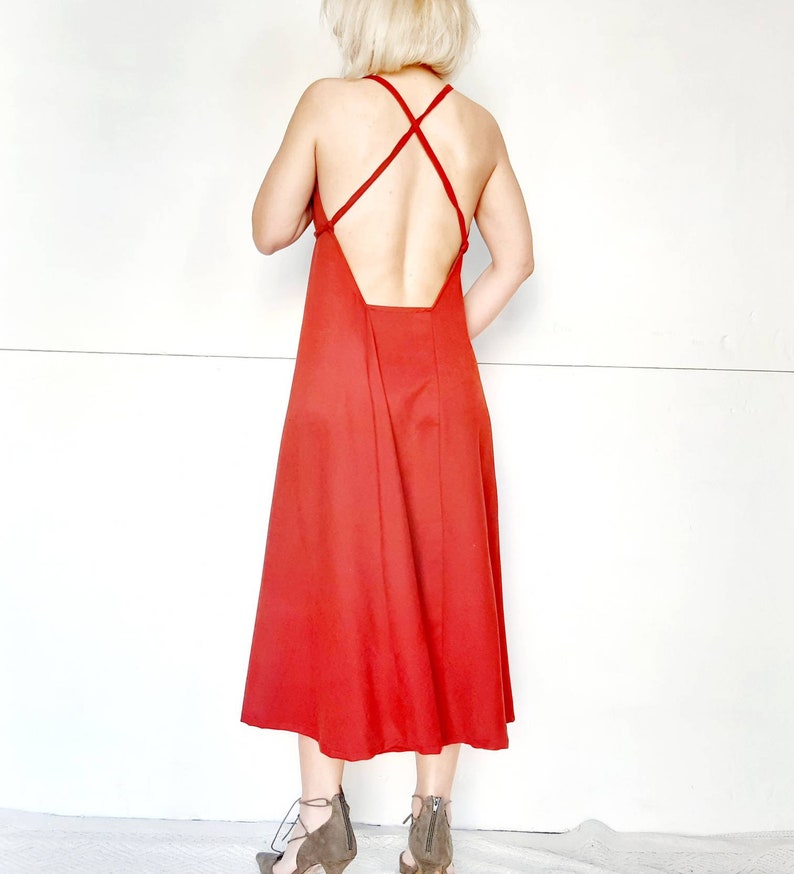 Women's Cupro dress,cross back dress,slip on dress,wine red dress,all day dress,party dress,backless dress,a line dress,grecian chic dress image 6